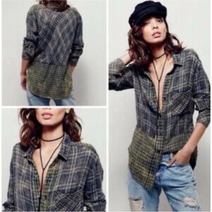 Free People Plaid Button Down Shirt in Gray and Green